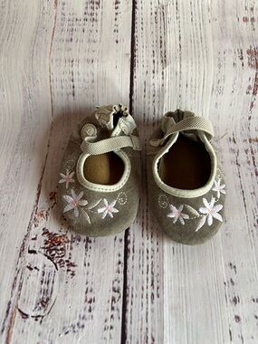 Soft Suede Baby Mary Janes with Pink Floral Embroidery - Taupe